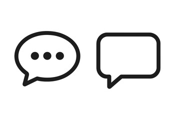 Poster - Minimalist chat speech bubble icons set, outline oval message balloon with typing ellipsis and blank rounded rectangle talk symbol, black line vector illustration for communication