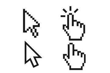 Fototapete - Mouse cursor icon set with pixel arrow pointer and 8-bit hand click cursors, retro computer pointer symbols for UI navigation, black outline vector illustration isolated on transparent background