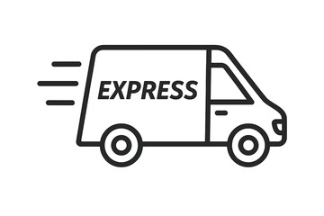 Poster - Express delivery van icon with speed lines, fast courier truck symbol for shipping, logistics, outline black line art vector illustration for app UI, web infographic