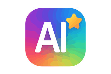 Aufkleber - Colorful AI icon with gradient rounded square and golden star badge, artificial intelligence app button for mobile or web UI, vector illustration transparent background, logo design