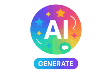 Poster - Artificial intelligence generate button emblem. Gradient rainbow AI logo with stars and chat bubble. Modern symbol for generative AI tool, website UI UX design vector.