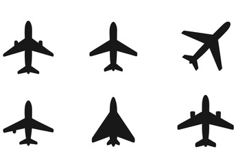 Poster - Airplane icon collection set black aircraft silhouette flat vector symbol transport aviation flight plane jet commercial military design graphic element illustration