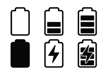 Poster - Battery icon set collection. Power charge level indicators empty half full. Lightning bolt charging symbol. Mobile device energy status. Vector illustration isolated