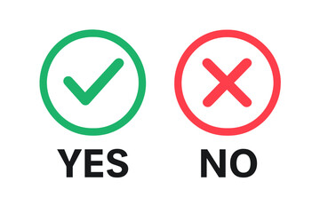 Poster - Yes No icons set. Green checkmark and red cross symbols. Approval rejection buttons. Decision making concept. Vector illustration isolated on transparent background.