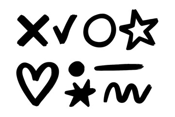 Poster - Hand drawn brush stroke shapes set. Vector cross tick circle star heart symbols. Painted doodle icons collection. Black ink brush marks elements design graphics