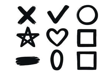 Poster - Hand drawn brush painted shapes collection vector symbols cross tick checkmark circle star heart square oval design elements icons set isolated transparent background