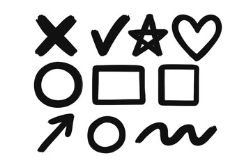 Poster - Hand drawn brush stroke symbols set. Vector painted shapes cross checkmark star heart circle arrow rectangle. Black ink graphic elements collection isolated transparent background