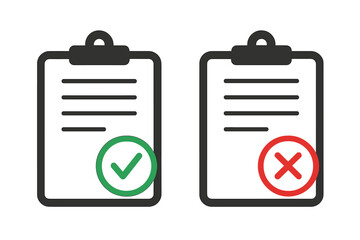 Poster - Clipboard checklist icons with green approval checkmark and red rejection cross, tick and X signs, correct and incorrect marks, yes or no choice, verification and denial concept vector