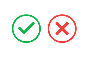 Poster - Green check mark and red cross circle icons showing correct approved choice versus wrong rejected decision, yes tick and no X symbols for UI feedback, flat isolated vector quality control signs