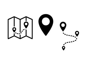 Poster - Map and location pin icon set showing GPS marker, itinerary route with dashed path, navigation wayfinding symbols, black glyph pictograms, isolated flat vector illustration