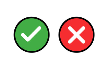 Poster - Green checkmark and red cross circle icons, positive approval tick symbol and negative reject sign, isolated vector illustration for yes no decision, correct versus wrong denied