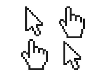 Fototapete - Pixel art mouse cursor and hand pointer icons set. Retro 8-bit arrow, click finger, computer navigation symbols. Black outline UI elements vector illustration isolated.