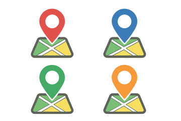 Poster - Colorful GPS Map Pin Icons Set on Folded Navigation Map Illustration, Multicolor Location Markers, Modern Flat Design, Isolated Transparent Background Vector