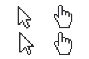 Aufkleber - Pixelated cursor and hand pointer icon set, retro 8-bit arrow click symbols, mouse pointer collection isolated on transparent background, vector illustration for web UI design