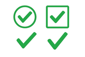 Poster - Green check mark icon set with round and square frames, tick symbols for approval and verification, checkbox buttons, vector illustration with transparent background for apps, UI