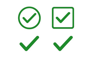 Poster - Green check mark icon set with circular and square outline checkbox tick symbols, flat isolated vector pictograms for approval, validation, success, completed task, OK sign