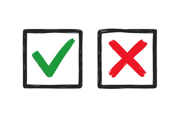 Poster - Hand drawn brush stroke green check mark and red cross icons in square checkboxes, tick and cross symbols for approval, rejection, voting, transparent background vector illustration