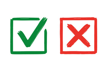 Poster - Hand drawn green check mark and red cross icon set. Stroke tick and X in checkbox boxes. Yes no choice, correct incorrect, approval rejection, success failure vector illustration