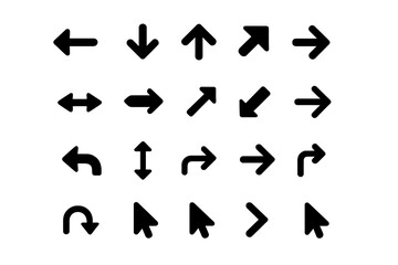 Poster - Black flat arrow icons and mouse cursor pointers set. Navigation, orientation, curved, up down left right diagonal arrow symbols collection for web, app UI, direction sign bundle