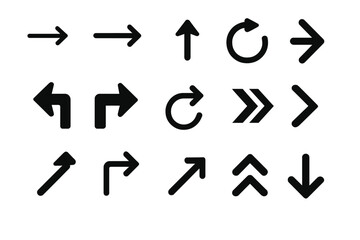 Aufkleber - Black arrow icon set for navigation – flat style collection of forward, back, up, down, curved, diagonal, turn, rotate and pointer arrows for interface buttons, UI, cursor symbols