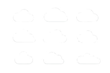 Poster - Cloud icon outline vector set. Nine minimal rounded cartoon cloud shapes isolated on transparent background. Blank weather symbol clip art template for app infographic web design