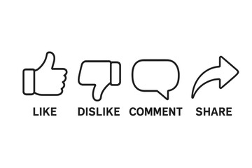 Poster - Like, dislike, comment, share outline icons set. Thumb up and down social media reaction buttons. Speech bubble chat and arrow repost symbols. Vector UI app web design background