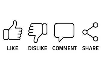 Poster - Outline like thumbs up, dislike thumbs down, comment chat bubble, share node icons. Social media reaction buttons set for video, blog, website UI, mobile app vector illustration