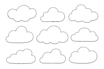 Poster - Simple white cloud collection vector set. Minimalist outline weather icons. Sky elements graphic design illustration. Clean cartoon clouds shapes for logo, UI, web