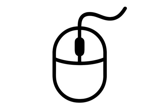 Computer mouse icon outline vector illustration. Simple line art technology symbol. Minimalist PC peripheral device graphic. Black white linear design element transparent background