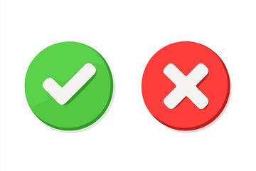 Poster - 3D circular buttons set with green checkmark tick and red cross X symbols. Accept decline yes no interface elements. Approve reject UI design vector illustration