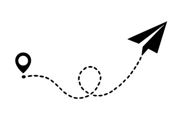Poster - Paper plane flight path with location pin. Start point and dashed line route. Travel and tourism concept. Journey, trip or vacation symbol. Aircraft direction icon.