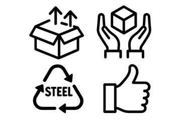 Poster - Packaging cargo symbols set, product goods manipulation, steel recycling, fragile, handle with care, this side up, vector outline design.