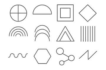Poster - Minimalist geometric line art collection of abstract shapes including circles, squares, diamonds, triangles, arcs, waves, lines, molecule symbols set for branding and vector design