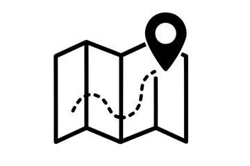 Poster - Folded paper map with GPS location pin icon, dashed navigation route path, travel direction planner, tracker, location marker symbol, black outline vector pictogram illustration