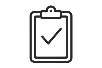 Poster - Checklist clipboard icon with bold check mark outline. Simple line art symbol for completed tasks, to-do list approval, survey form, quality audit, project management app UI vector