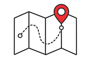 Poster - Navigation map icon with red location pin, folded paper map, dotted travel route path, GPS positioning, destination marker, itinerary planning, wayfinding vector illustration