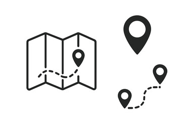 Poster - GPS navigation icon set of folded map with dashed route path and location pin pointers, black pictogram collection for travel, wayfinding marker symbols, vector illustration