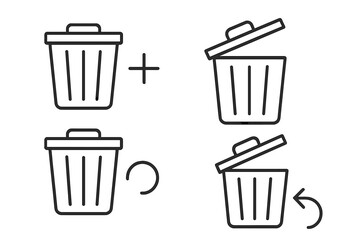 Fototapete - Delete restore trash can icons set. Black white linear garbage bin symbols. Flat minimal UI interface elements. Vector waste basket recycle data recovery signs