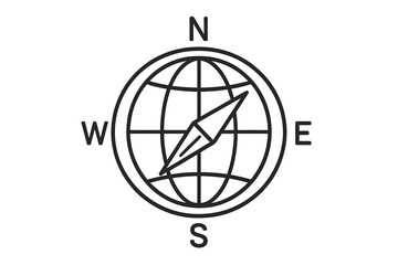 Poster - Navigation compass globe with meridians cardinal directions flat linear design vector icon. World map geography travel symbol transparent background illustration