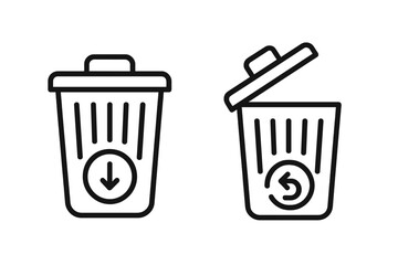 Poster - Trash can vector icons set. Delete and restore data symbol. Open and closed recycle bin. Black and white linear illustration for user interface design, web and app.