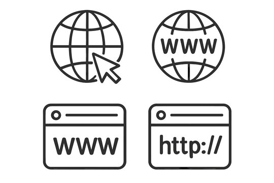 Website and internet line icon set. Go to web symbol, www globe, browser window, and http url link icons. Online network connection vector illustration for web design.