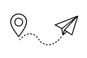 Poster - Paper plane flight route with start point location pin. Travel destination path. Geolocation navigation icon. Send message concept. Dotted line journey. Isolated vector.
