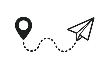 Poster - Paper airplane flight path. Dotted line route from start point. Geolocation pin icon. Travel, journey, destination concept. Navigation, gps, tracking. Message sent.