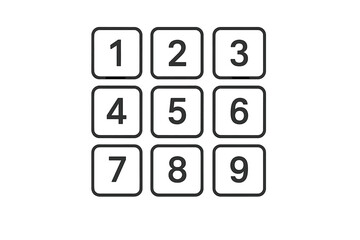Poster - Minimal numeric keypad dial pad vector illustration. Flat square buttons with numbers 1 to 9, black outline, isolated on transparent background. App UI, phone interface icon set.