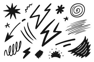 Poster - Hand Drawn Doodle Elements Set Black Sketchy Vector Illustration of Star Lightning Arrow Swirl Lines Scribble Isolated on White Background for Design and Decoration