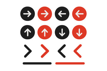 Poster - Red and black arrow icon set, circular direction buttons, right left up down navigation pointers, flat glyphs, vector isolated on transparent background for UI symbols design