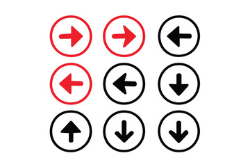 Poster - Red and black circular navigation arrow button icons set, forward back up down pointers for UI/UX, isolated vector illustration on transparent background