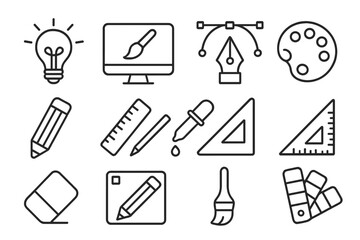 Poster - Line icon set graphic design creativity tools. Vector illustration art software symbols. Design elements drawing painting tools. Creative process icons pack