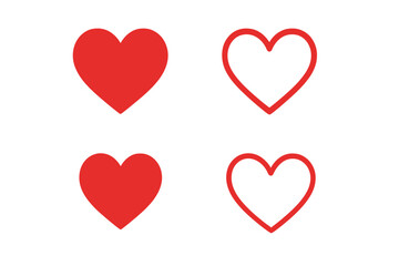 Poster - Red heart icon set with filled and outline love symbols, vector illustration for social media likes, romance, Valentine design, isolated on white background, graphic resource