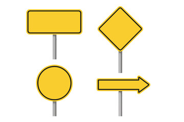 Poster - Set of blank yellow road traffic signs: rectangle, diamond, circle, right arrow, template for warning message, direction guide, street signboard on transparent background vector